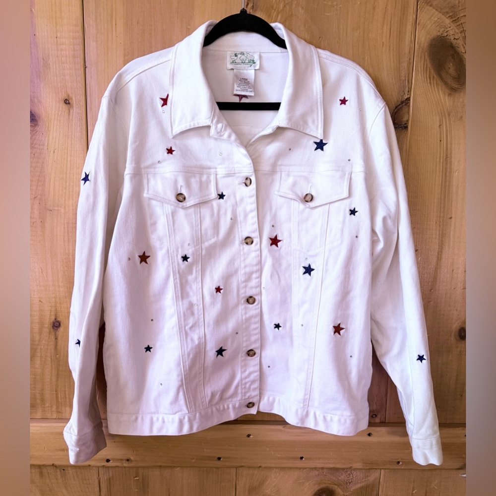 Quacker Factory white denim patriotic jacket
With crystals and stars.